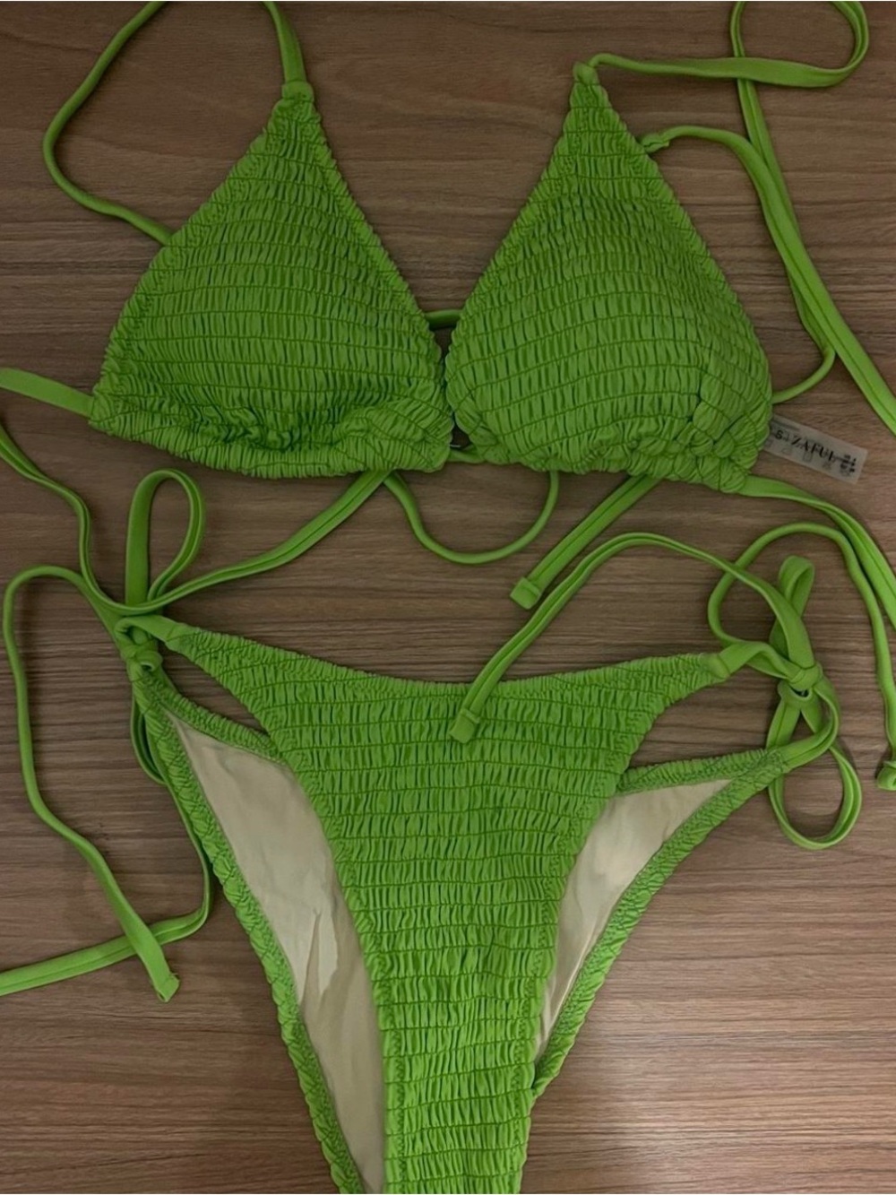 Zaful Neon Lime Smocked Tie-Side Bikini Set